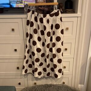 White A-Line Anthropologie Midi Skirt with Brown Polka Dots- XL
